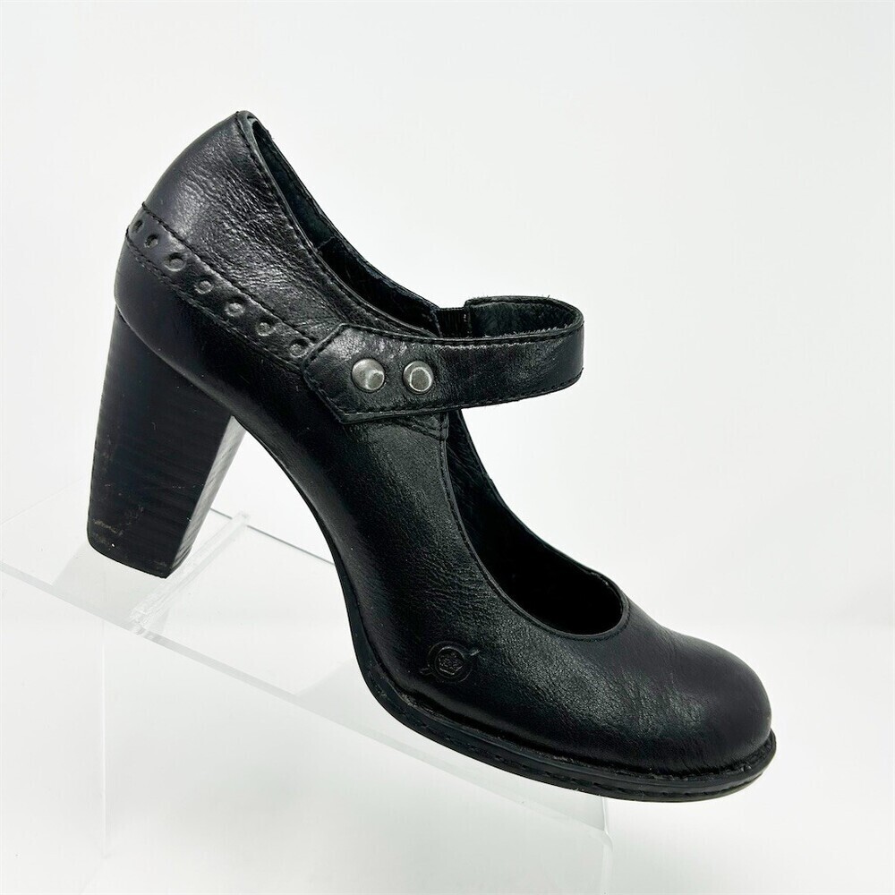Born Black Leather Mary Jane Heeled Pumps Size 9.5 Studded Strap Round Toe